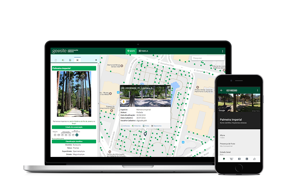 Plataforma Geosite Arborização em notebook e celular