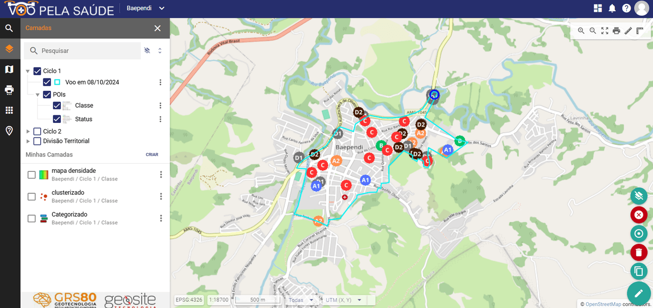 Plataforma web Geosite Arboviroses com camadas de focos sobre o mapa do município