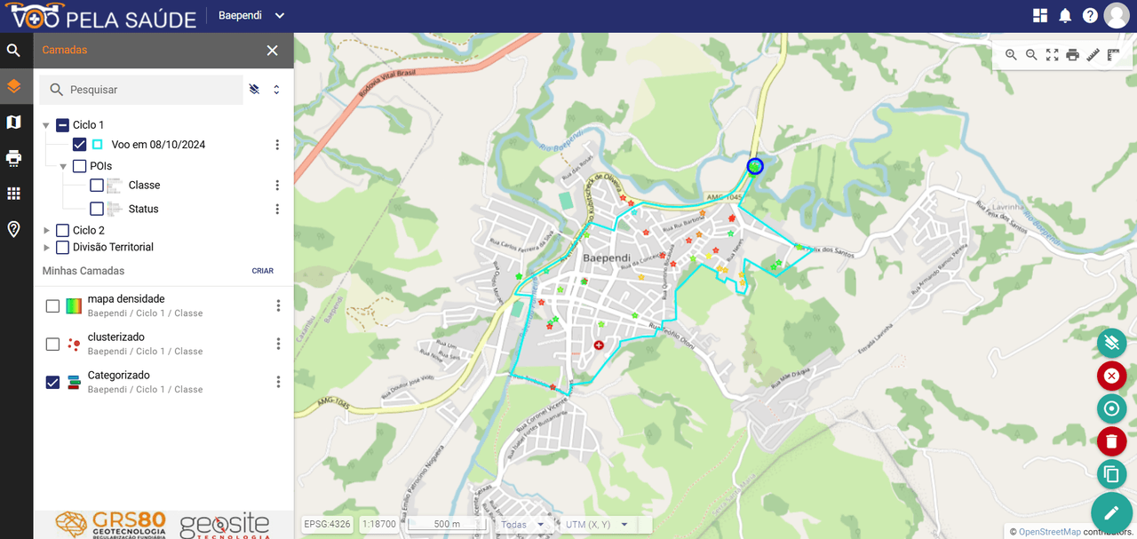 Focos classificados por categoria no mapa
