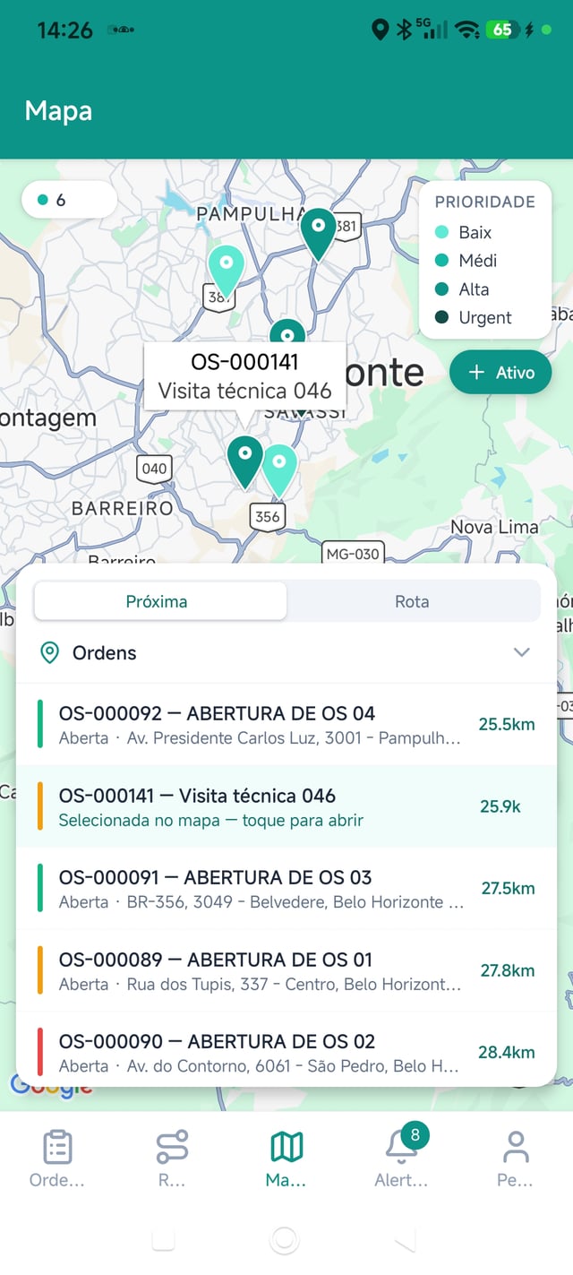 Mapa no app do técnico com as ordens de serviço ordenadas por distância
