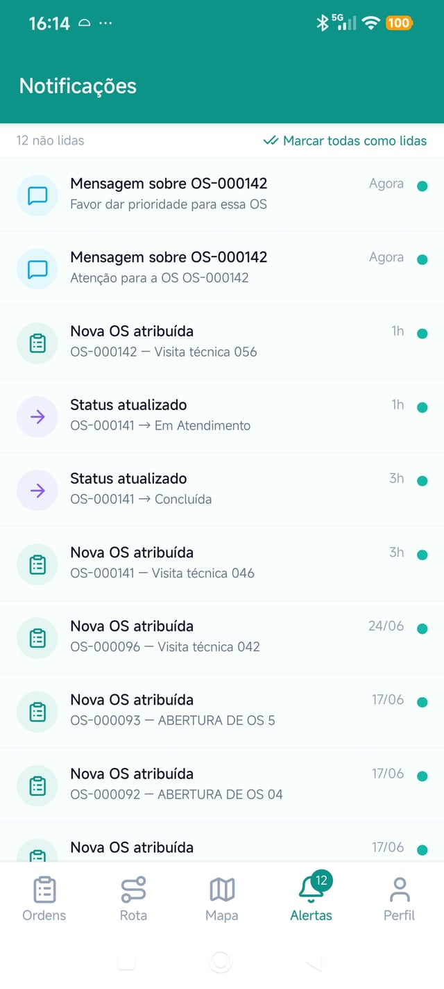 Caixa de notificações push no app do técnico
