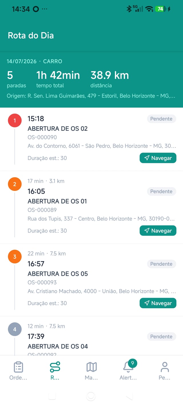 Rota do dia no app do técnico com paradas numeradas e horários