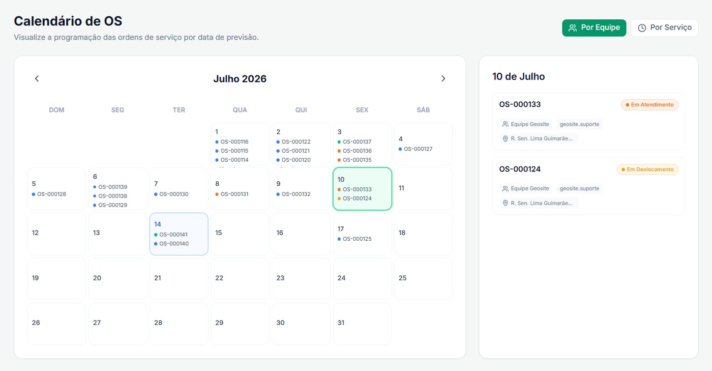 Calendário de ordens de serviço com a programação do mês