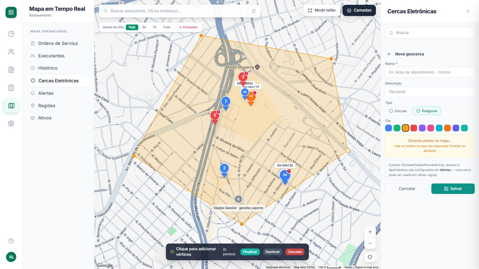 Cerca eletrônica circular desenhada no mapa com histórico de entradas e saídas