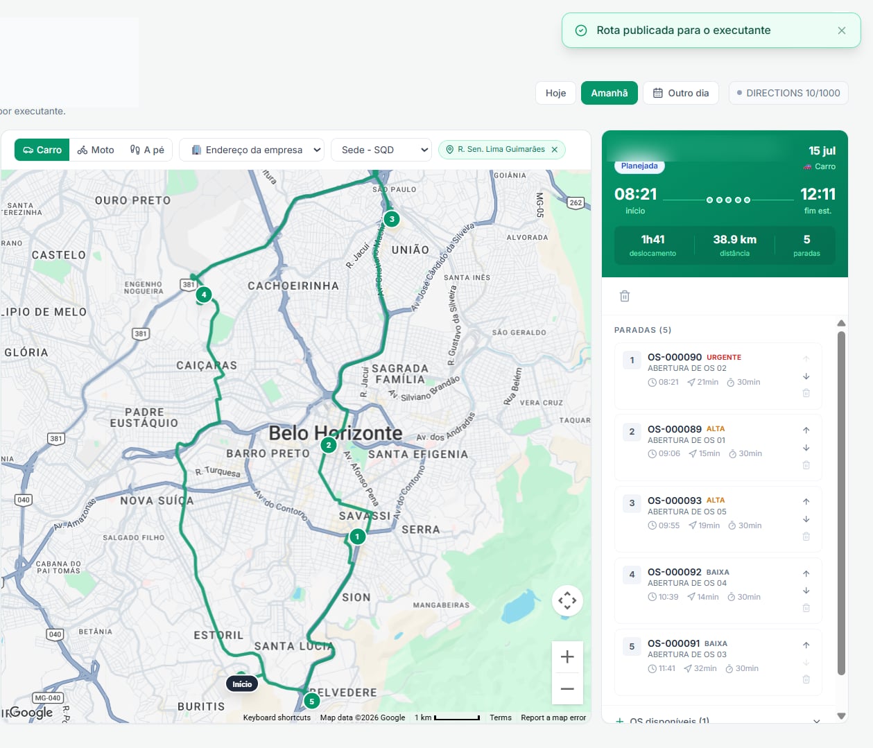 Roteirização com rota otimizada no mapa: 5 paradas, 38,9 km e horários previstos