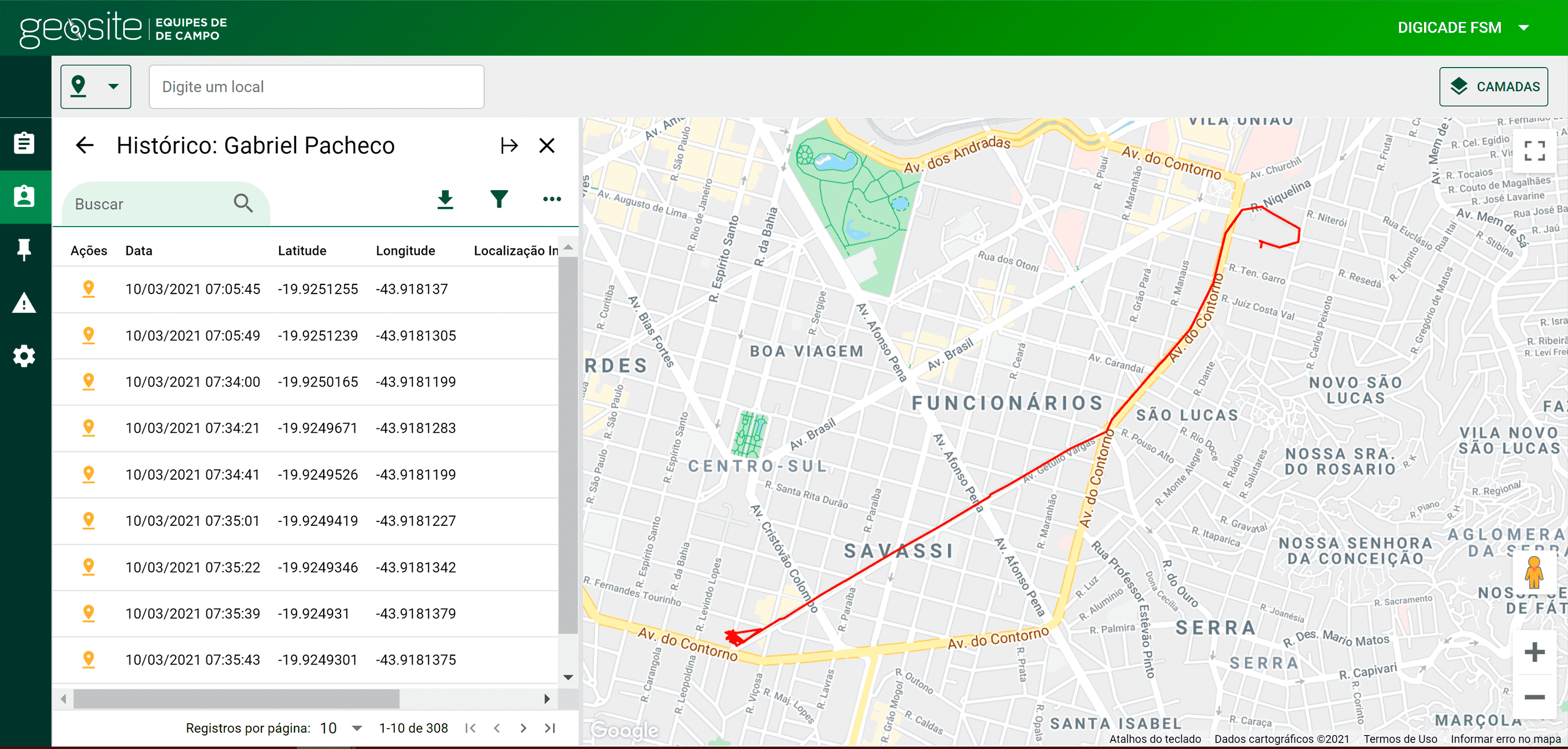 Histórico de rastreamento - Geosite Gestão de Campo