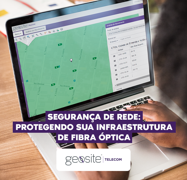 Segurança de Rede: uma pessoa usando o sistema da Geosite Telecom por meio do notebook, com letras brancas, o nome do artigo e o logotipo da Geosite Telecom.