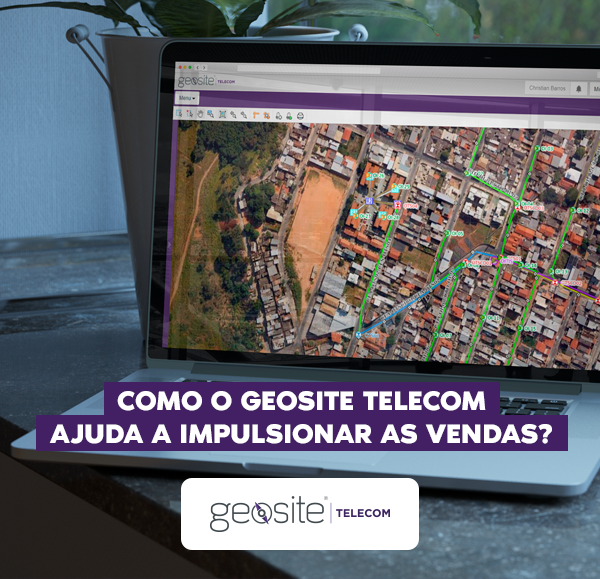 impulsionar as vendas: um notebook com a imagem do sistema da Geosite Telecom, com letras brancas, o nome do artigo e o logotipo da Geosite Telecom.