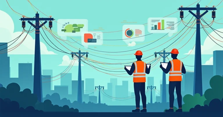 Ilustração corporativa plana mostrando técnicos monitorando rede de telecomunicações com dispositivos móveis e dashboards com gráficos