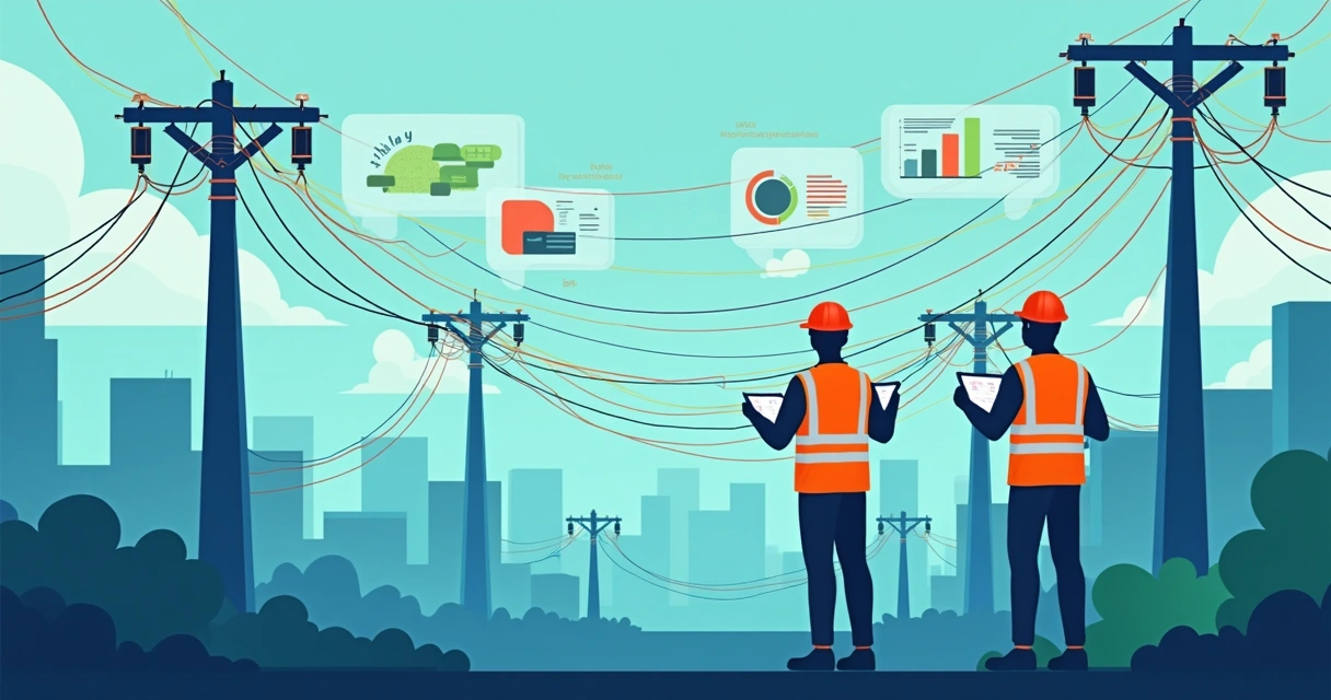 Ilustração corporativa plana mostrando técnicos monitorando rede de telecomunicações com dispositivos móveis e dashboards com gráficos
